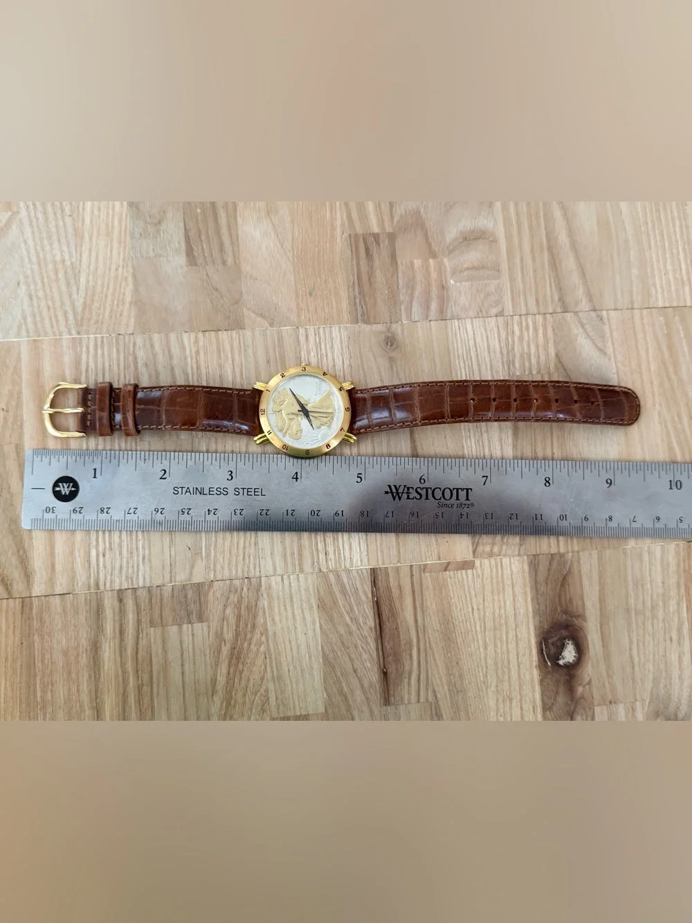 Brittania 1940 Walking Liberty Coin Watch Two-Tone Dial Gold Case Leather Strap